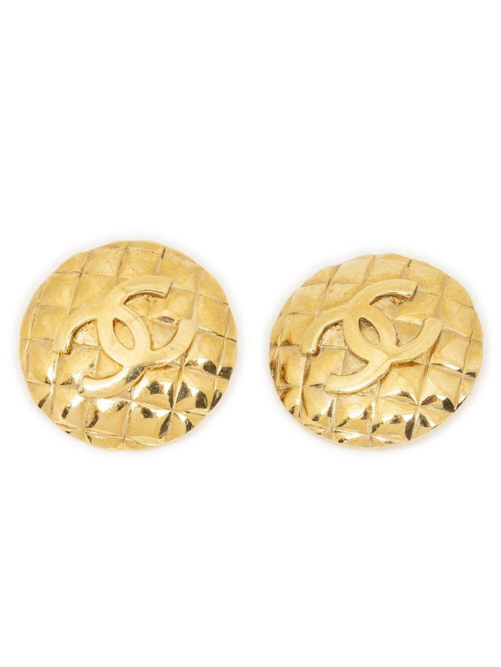 Chanel CC Quilted Round Disc Clip-On Earrings Gold Plated